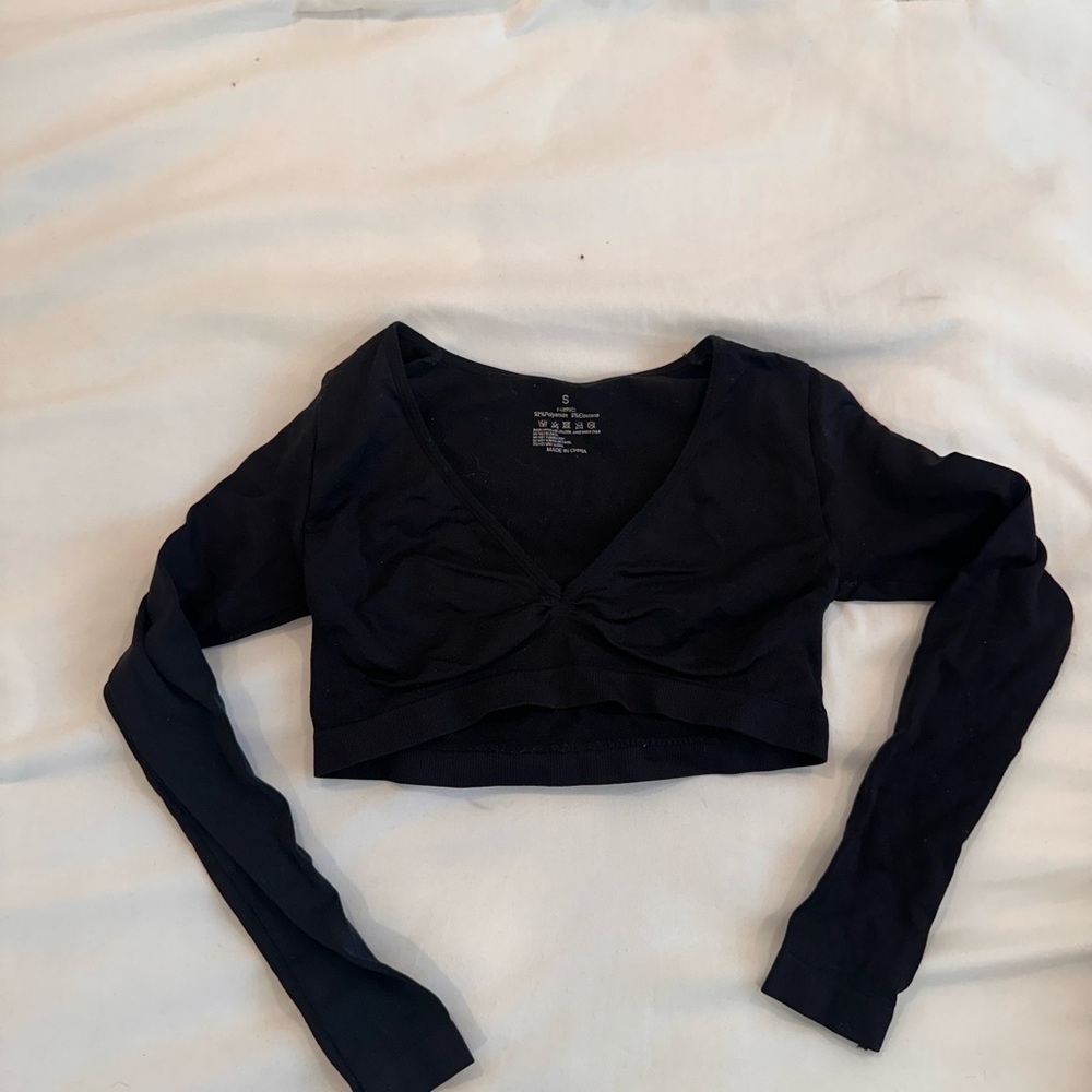 SHEIN Black Long Sleeve Tie Front Crop Blouse